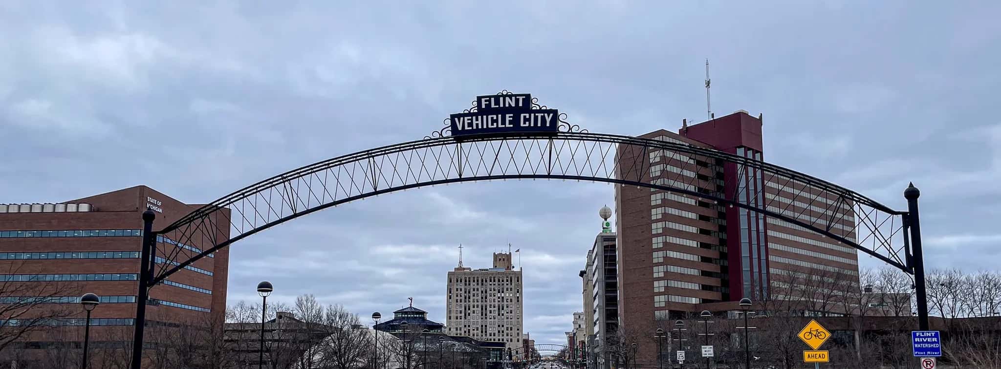 Vehicle City arch over Saginaw Street in downtown Flint, Michigan
