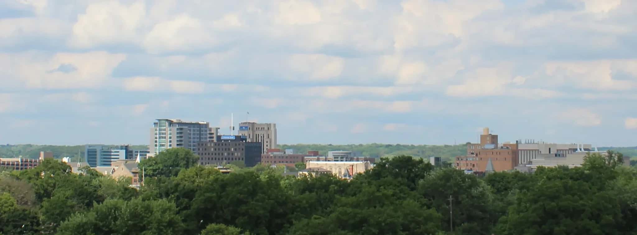 Downtown Kalamazoo, Michigan skyline above the trees, seen from Western Michigan University