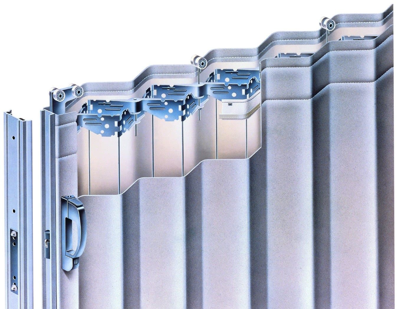 Cutaway illustration of a Modernfold 800 / 1200 accordion partition showing the welded steel frame, pantograph hinges, trolleys and replaceable covering