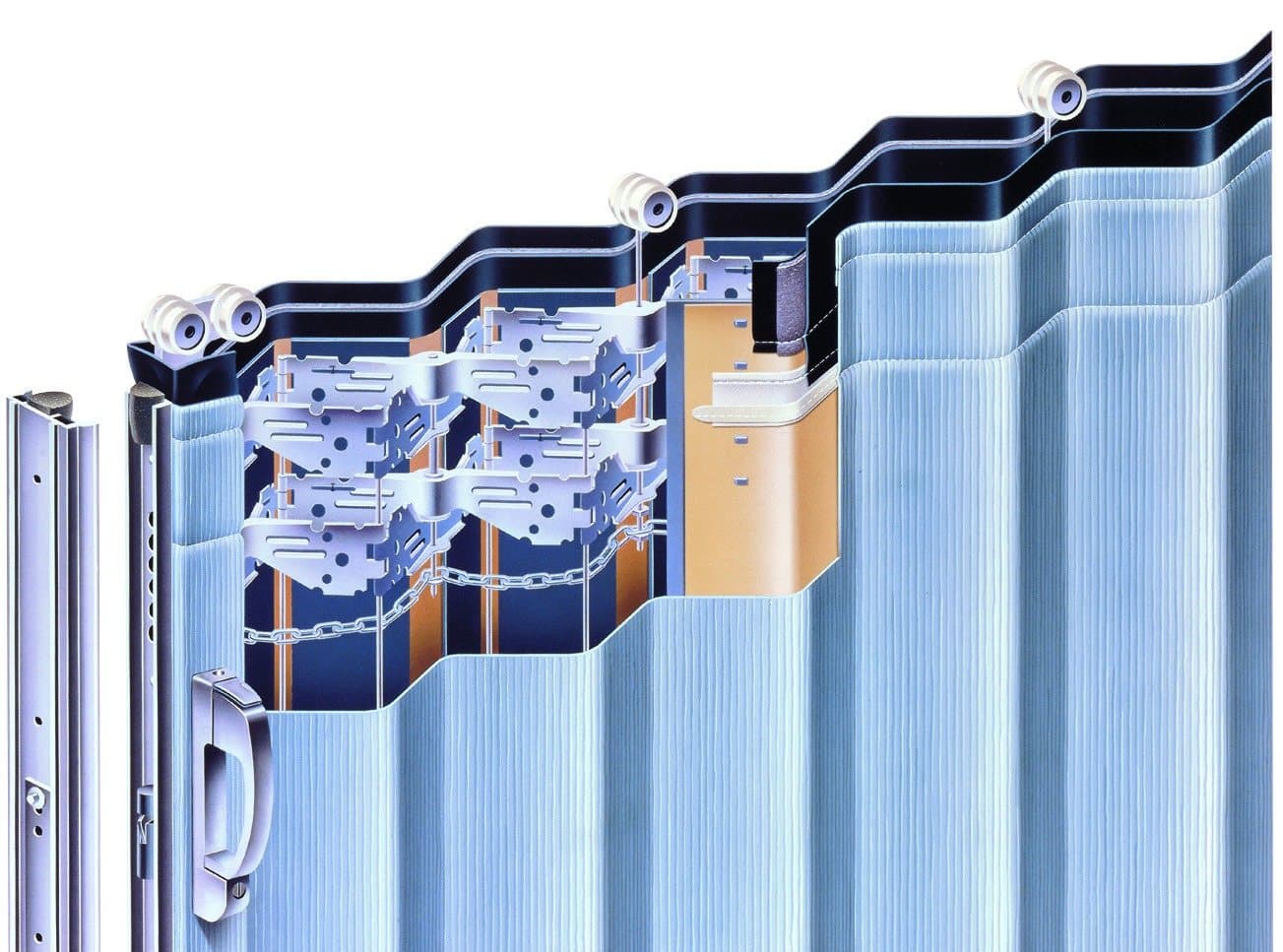 Cutaway illustration of a SoundMaster accordion partition showing the steel sound liner, acoustical membrane, welded steel frame, sweep seals and ball-bearing trolleys