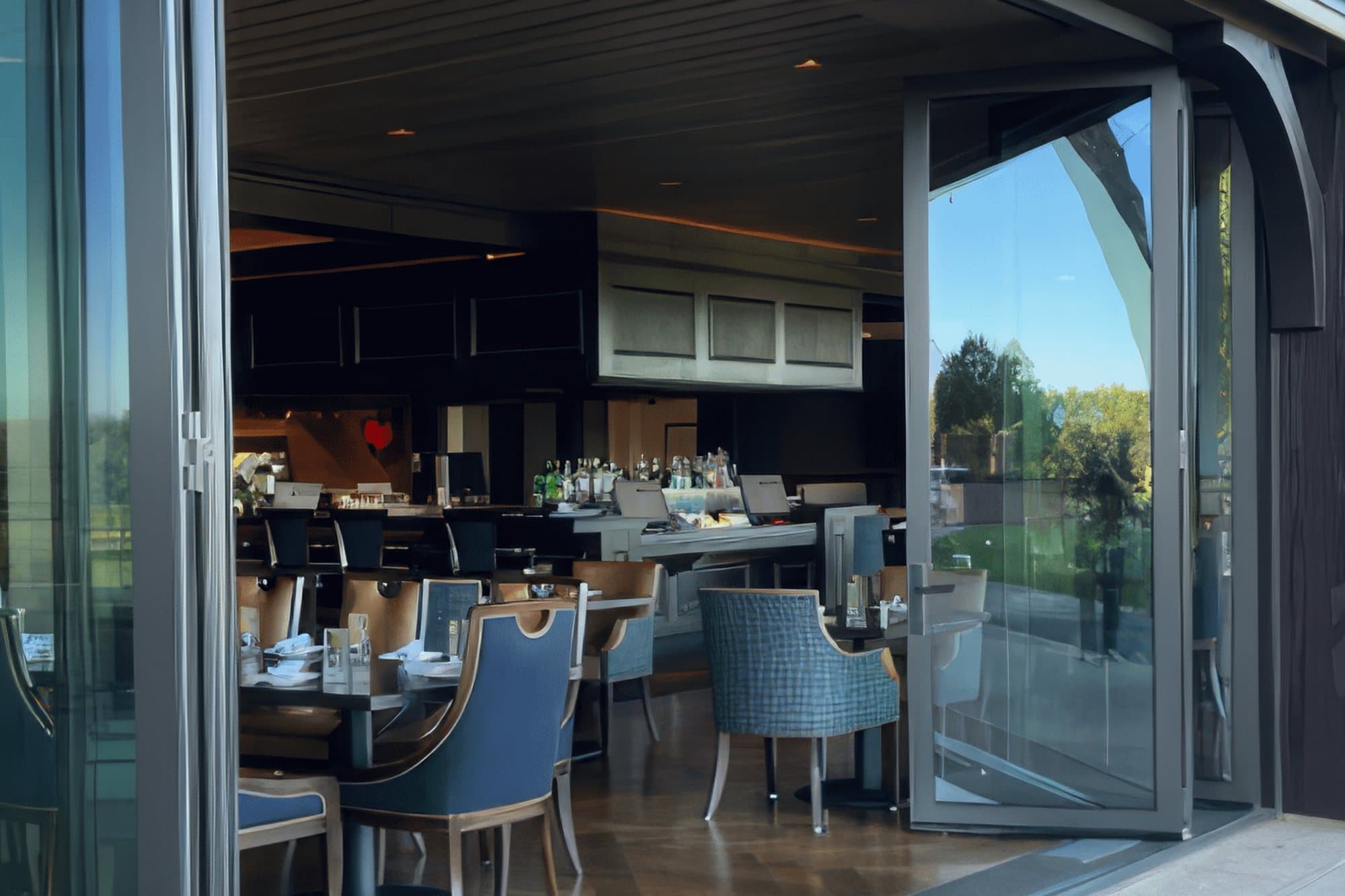 Series of Euro-Wall Vista Fold folding glass walls folded open along a restaurant dining room onto an outdoor terrace