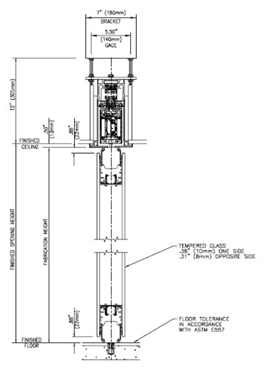 Vertical section of an Acousti-Clear panel on ComfortDrive, showing the drive trolley in a 12 inch ceiling plenum and the recessed floor guide