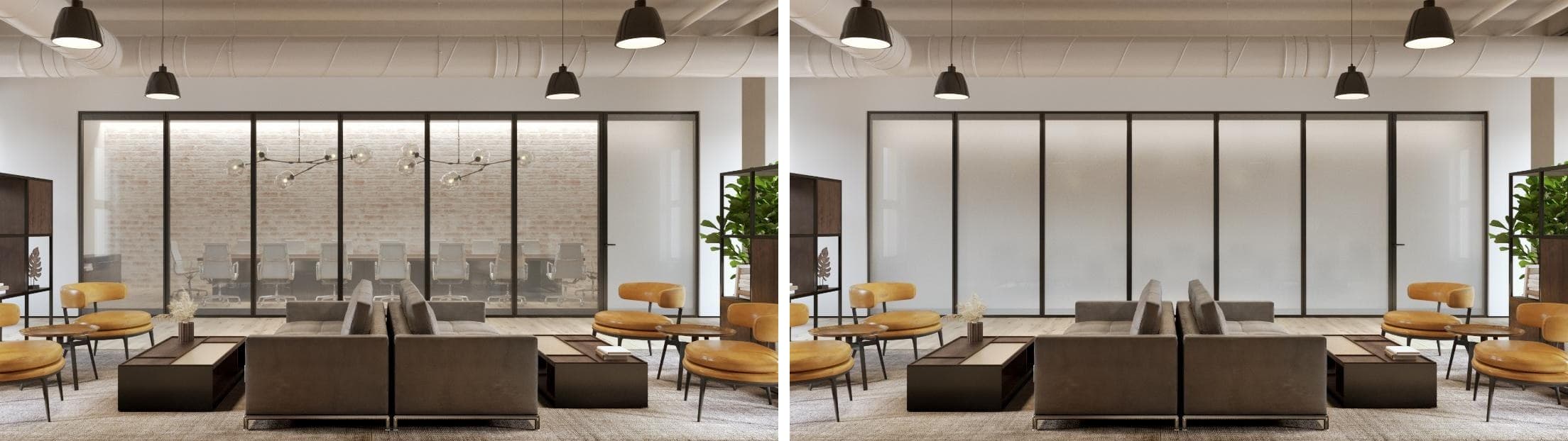 Side-by-side view of an Acousti-Clear glass wall with MorphGlas switchable glass: powered on and clear on the left, powered off and frosted on the right