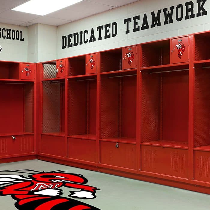 Red All-Star Sport athletic lockers installed around a team locker room