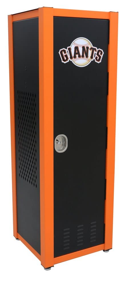 The Athletic Edge Aluma Elite aluminum athletic locker in black and orange with a team logo on the door