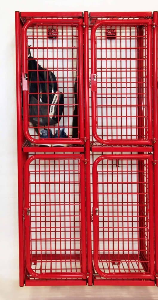 GearGrid two-tier wire athletic lockers in red with locking doors
