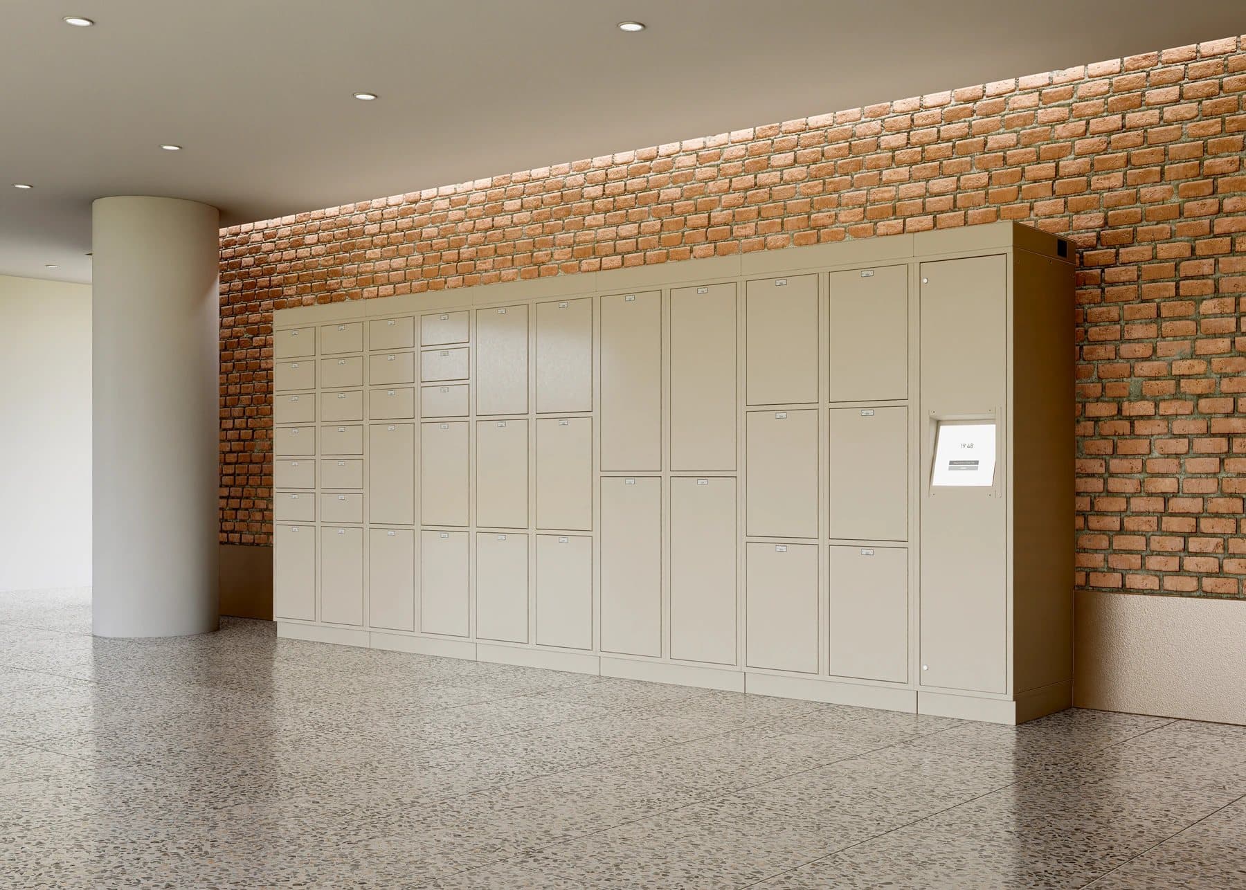 Bank of LokrIQ smart lockers with electronic access in a building lobby