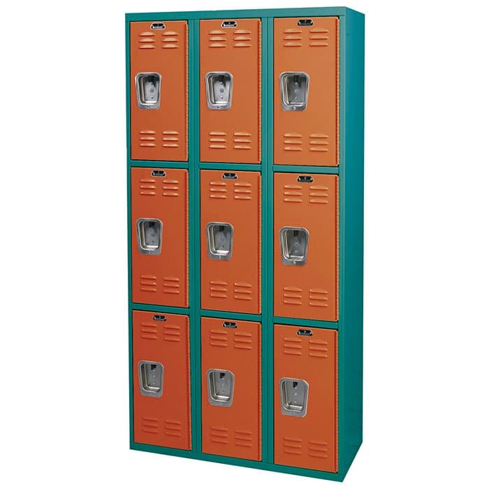 Classmate all-welded triple tier metal school lockers with orange doors and teal frames