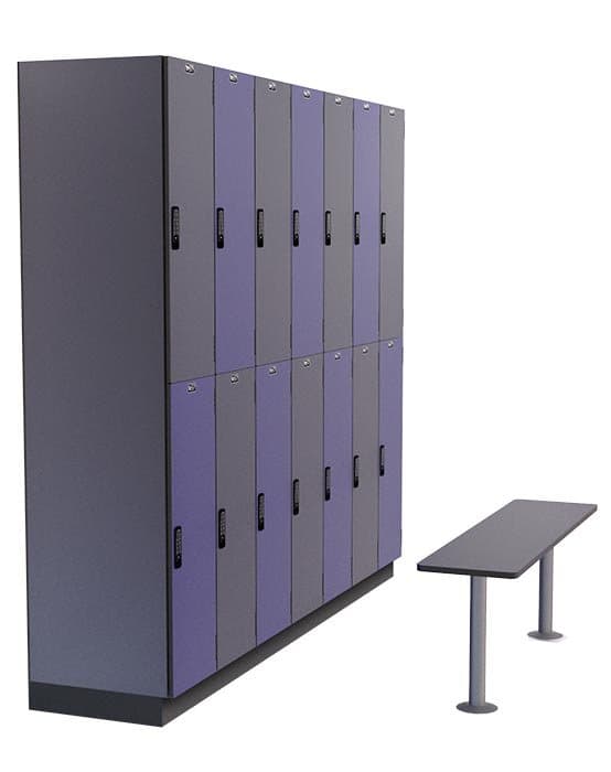 VersaMax solid phenolic lockers with a locker room bench