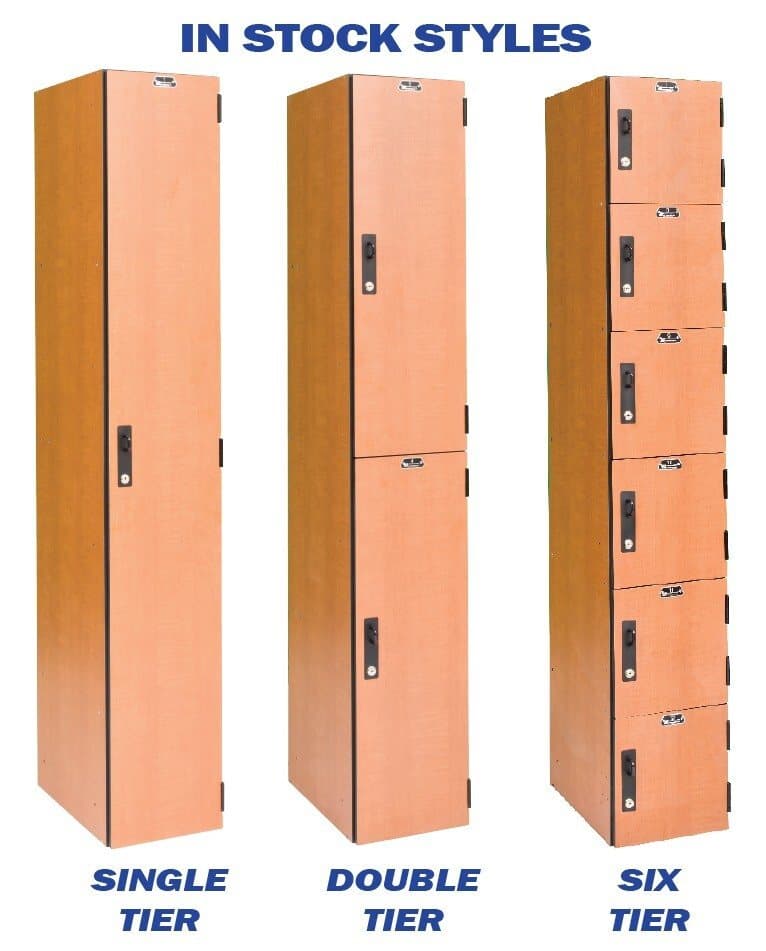 VersaMax phenolic lockers in single, double and six tier styles with woodgrain doors