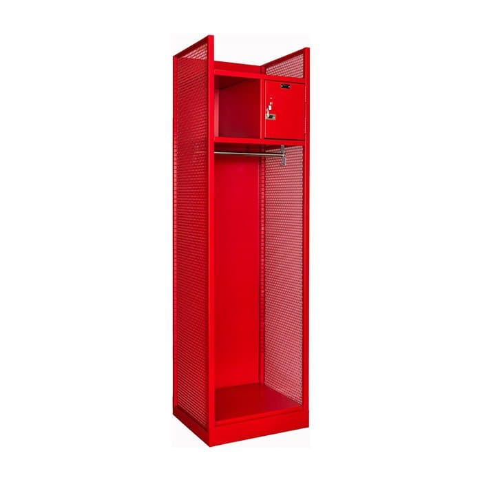 Red open-front turnout gear locker with expanded metal sides