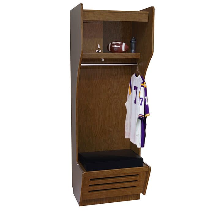 Recruiter wood athletic locker in a dark wood finish with curved sides, an open upper shelf, jerseys on a stainless coat rod and a vented footlocker seat