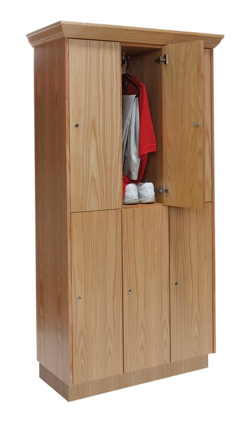 Red oak Club Lockers with one door open showing a coat hook, hanging clothes and shoes, with crown molding and a raised base