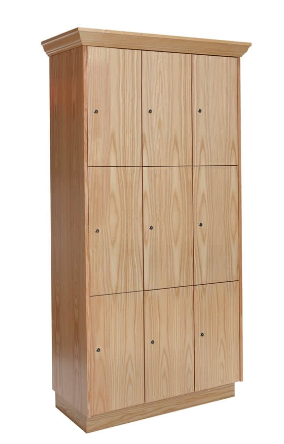 Red oak Club Lockers in a three-wide, triple-tier bank with key locks, crown molding and a raised base