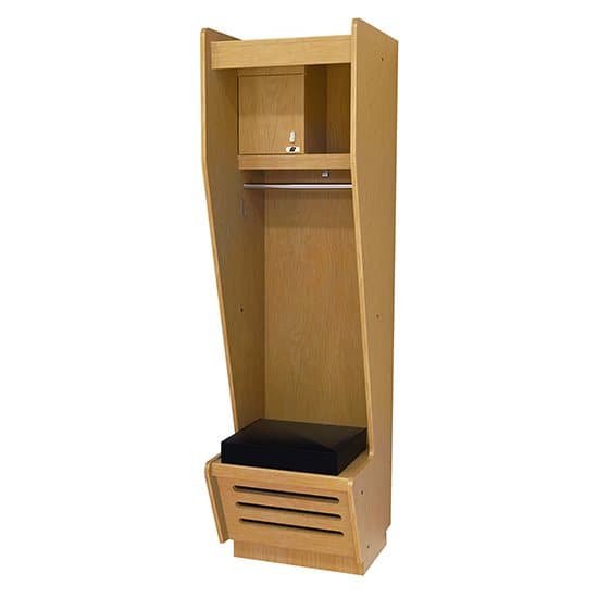 Light red oak Recruiter wood sport locker with slant sides, a locking upper security box, coat rod and vented footlocker seat with a black cushion