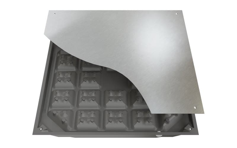All Steel 1250 raised floor panel with the flat steel top sheet peeled back to show the formed steel bottom sheet