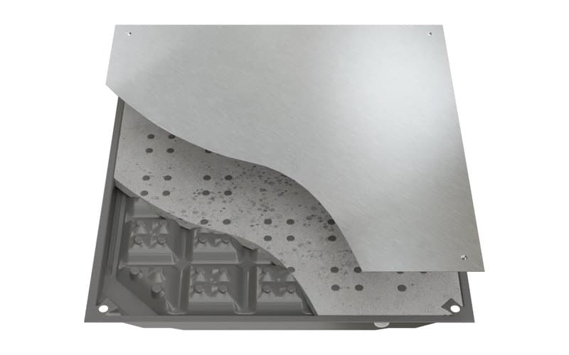 ConCore access floor panel with the steel top sheet peeled back to show the cementitious core inside the welded steel bottom pan