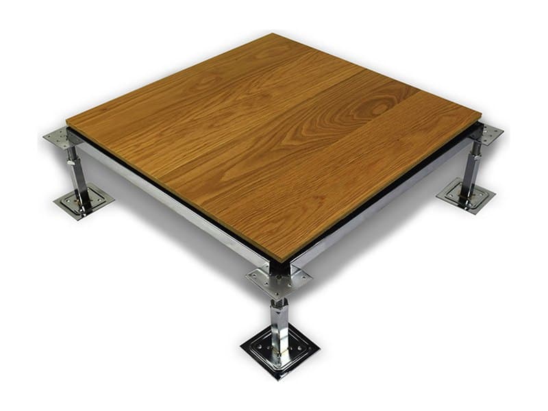 Engineered hardwood plank finish laminated to a raised access floor panel