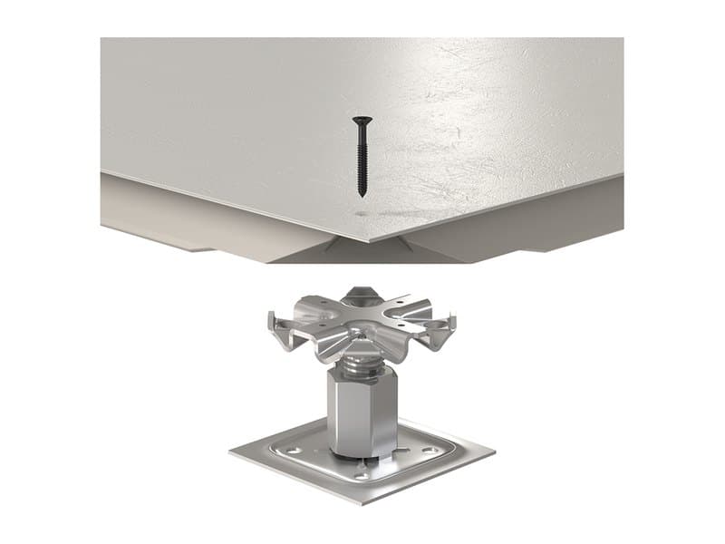 Low finished floor height pedestal with a short base supporting access floor panel corners