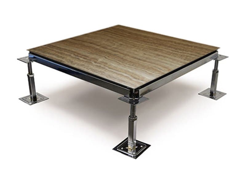 Wood-look luxury vinyl tile laminated to a raised access floor panel