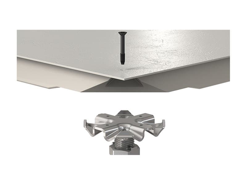 Posilock stringerless pedestal head with a self-capturing panel fastener engaging four panel corners