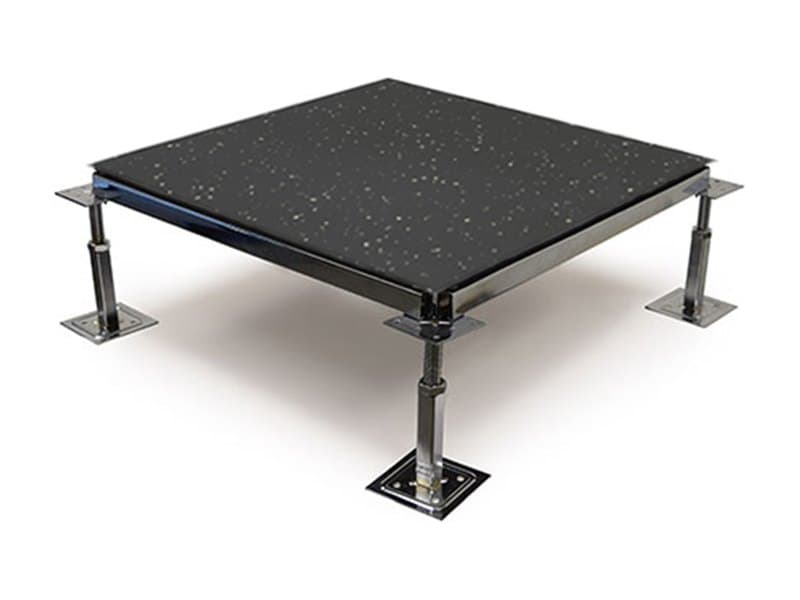 Black speckled rubber flooring laminated to a raised access floor panel