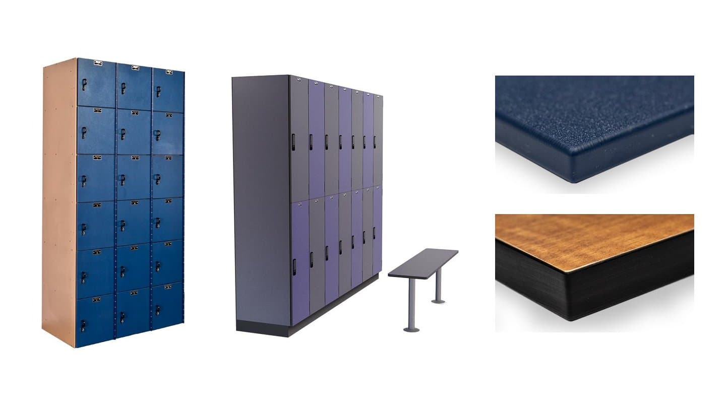 Blue six-tier HDPE plastic lockers, gray two-tier solid phenolic lockers with a bench, and close-ups of an HDPE panel edge and a woodgrain phenolic panel edge