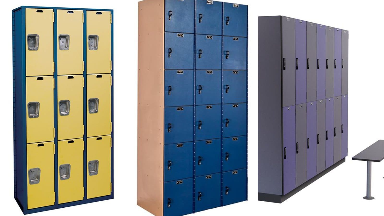 Three locker materials side by side: yellow and navy triple-tier metal lockers, blue six-tier HDPE plastic lockers and gray and purple double-tier solid phenolic lockers with a bench