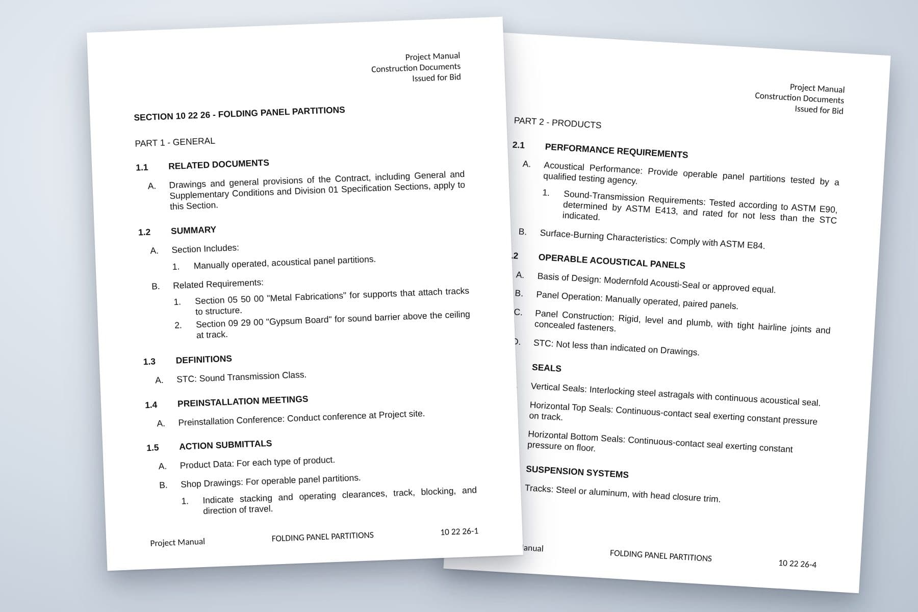 Specification sheet for Section 10 22 26 Folding Panel Partitions