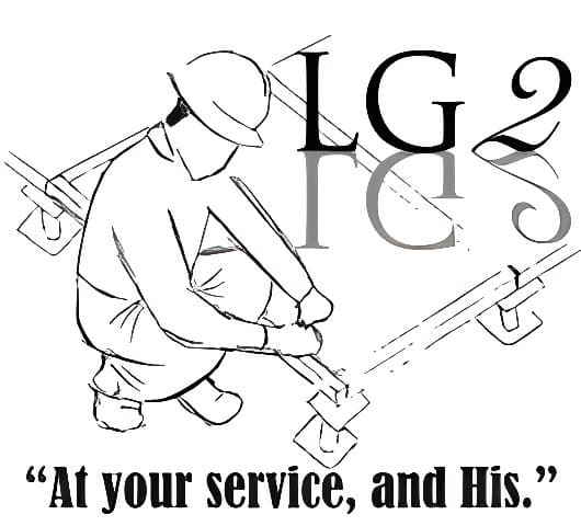 LG2 illustration of an installer setting raised floor pedestals, with the tagline At your service, and His