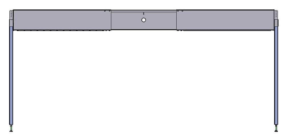 Elevation drawing of the Modernfold Truss System: two base end tubes joined by a center I-beam with a pass-through hole, on a steel column at each end with adjustable legs